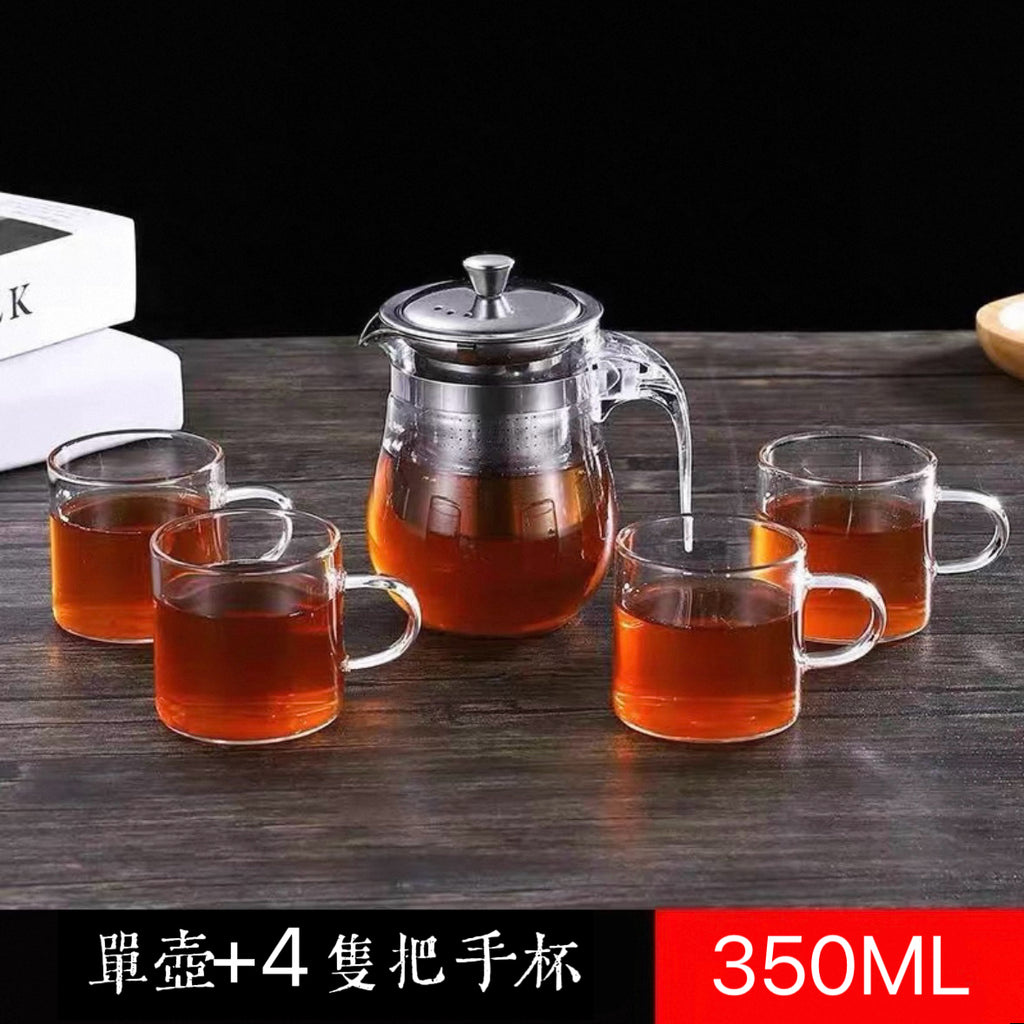 430不鏽鋼茶杯泡茶壺 (430內膽350ml+加厚防爆單壺+4個把手杯)