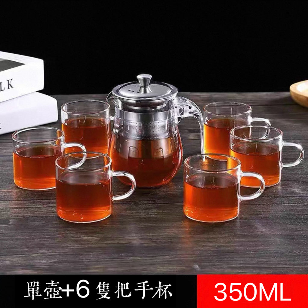 430不鏽鋼茶杯泡茶壺 (430內膽350ml+加厚防爆單壺+6個把手杯)