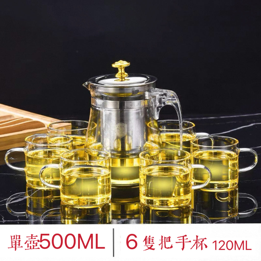 430不鏽鋼茶杯泡茶壺 (430內膽500ml+加厚防爆單壺+6個把手杯)