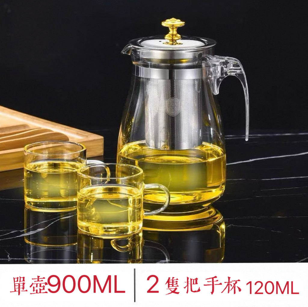 304不鏽鋼茶杯泡茶壺 (304內膽900ml+加厚防爆單壺+2個把手杯)
