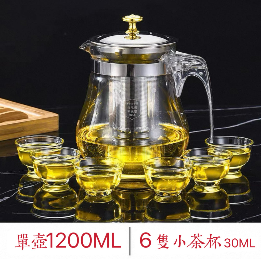 304不鏽鋼茶杯泡茶壺 (304內膽1200ml+加厚防爆單壺+6個小茶杯)
