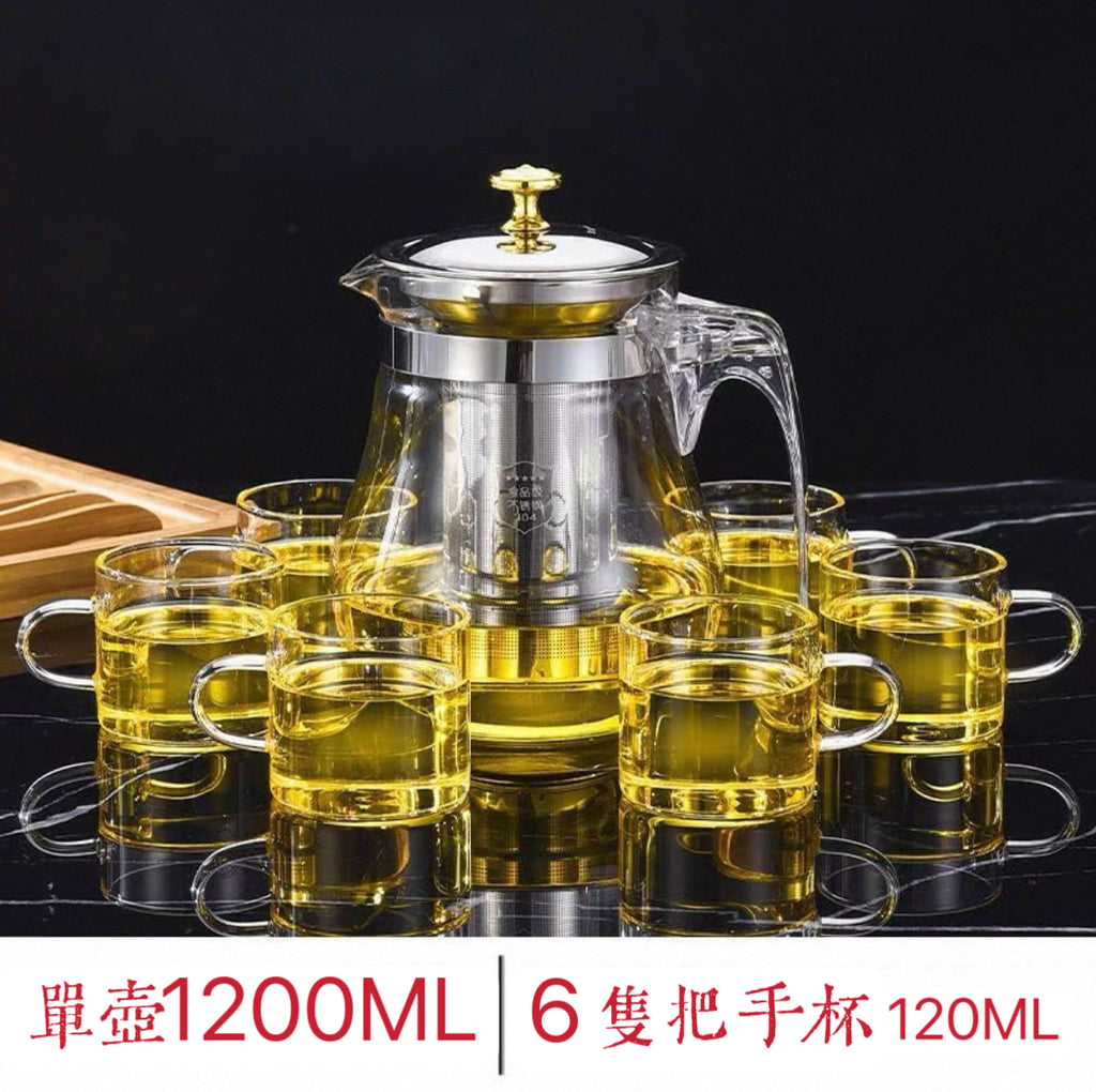 304不鏽鋼茶杯泡茶壺 (304內膽1200ml+加厚防爆單壺+6個把手杯)